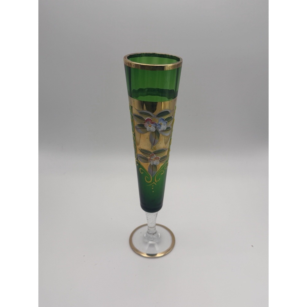 Vintage Bohemian Czech Emerald Green Champage Flute Gold Gilded & Enamel  Moser?